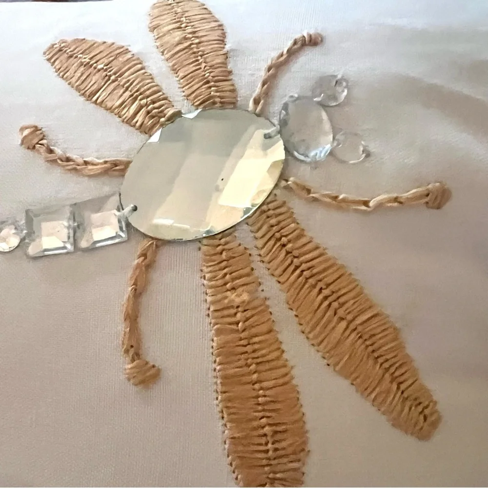 West Elm Dragonfly Beaded White Gold Canvas Pillow Cover NWT